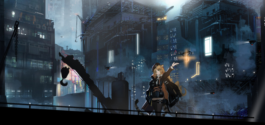 :d animal_ears arknights arm_up black_thighhighs blonde_hair building city city_lights cityscape collared_shirt commentary_request crane_(machine) drill_hair drone female green_eyes hat head_tilt highres jacket jacket_on_shoulders long_hair long_sleeves looking_at_viewer military_hat oooomiga open_mouth outdoors outstretched_arm photoshop_(medium) shirt sidelocks skyscraper smile solo swire_(arknights) tail thighhighs tiger_ears tiger_girl tiger_tail watch wristwatch