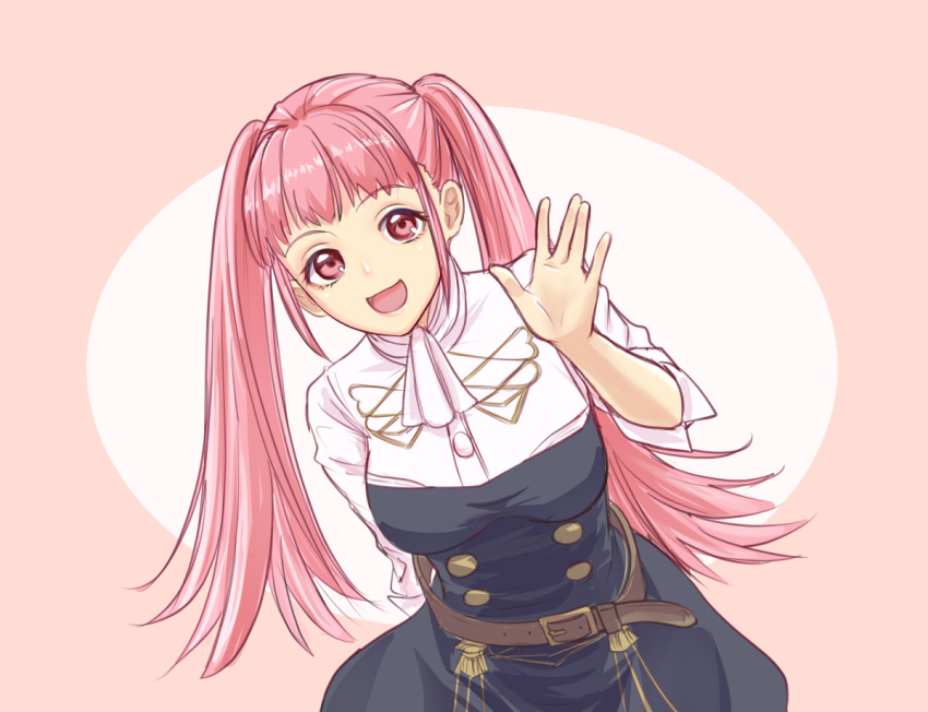 :d ascot belt black_dress breasts brown_belt commentary_request cowboy_shot dress female fire_emblem fire_emblem:_three_houses garreg_mach_monastery_uniform hand_up hilda_valentine_goneril long_hair looking_at_viewer medium_breasts open_mouth pink_background pink_eyes pink_hair shio_robin shirt simple_background smile solo twintails white_ascot white_shirt