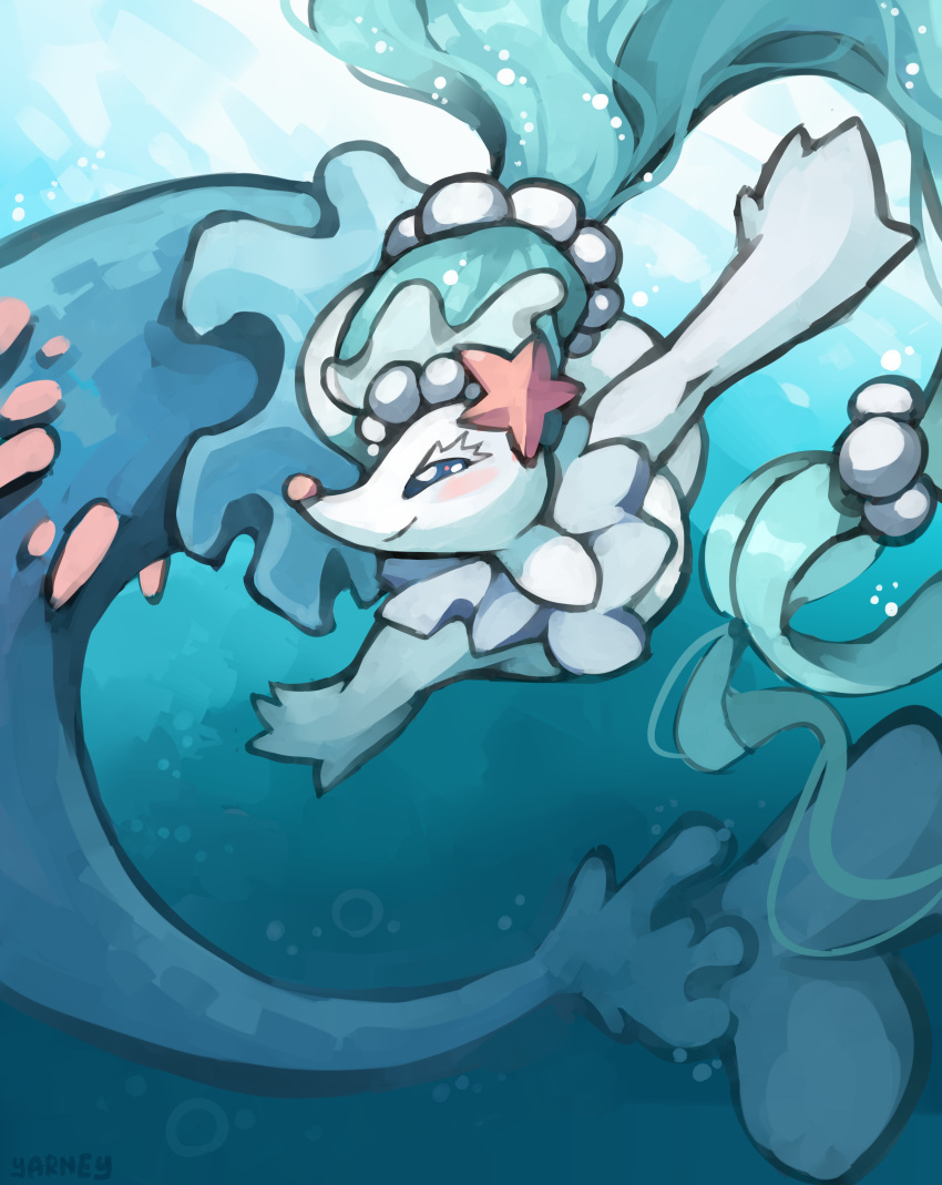 4_fingers absurd_res ambiguous_gender blue_eyes bubble eyelashes feral fingers generation_7_pokemon hair hi_res mermaid_tail nintendo pokemon pokemon_(species) primarina smile solo spikes star swimming underwater water white_body yarney