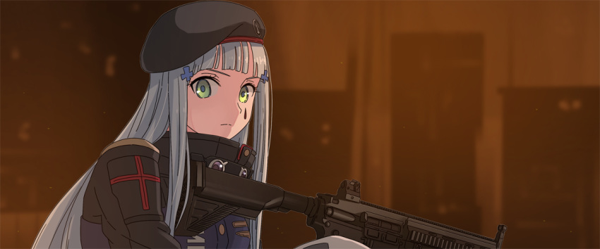 assault_rifle beret black_hat facial_mark female girls'_frontline gloves green_eyes grey_hair gun h&k_hk416 hair_ornament hat heckler_&_koch hk416_(girls'_frontline) holding holding_gun holding_weapon jacket james_bond_(series) long_hair military_jacket parody rifle skyfall solo tab_(tabkun) upper_body weapon white_gloves x_hair_ornament