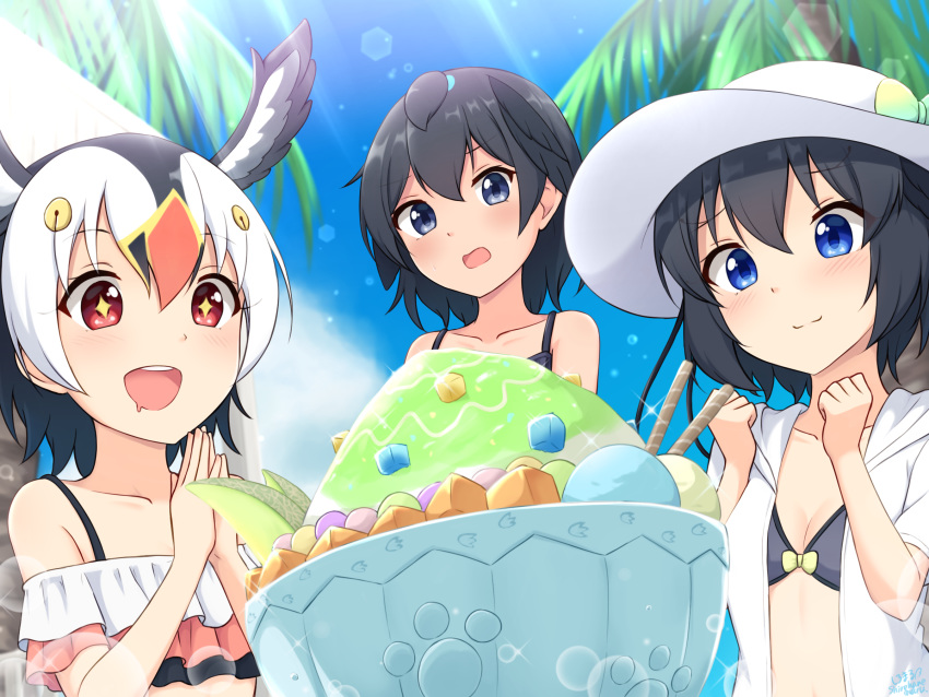 +_+ 3girls :d :o atlantic_puffin_(kemono_friends) bare_shoulders bikini black_bikini black_hair blue_eyes bowl clenched_hands collarbone commentary_request day food fruit hair_between_eyes hands_up hat head_wings highres ice_cream_scoop kemono_friends melon melon_slice multicolored_hair multiple_girls open_mouth outdoors own_hands_together palm_tree parfait red_eyes shiraha_maru shirt short_hair smile sun_hat sunlight superb_bird-of-paradise_(kemono_friends) swimsuit tree western_parotia_(kemono_friends) white_hair white_shirt wings