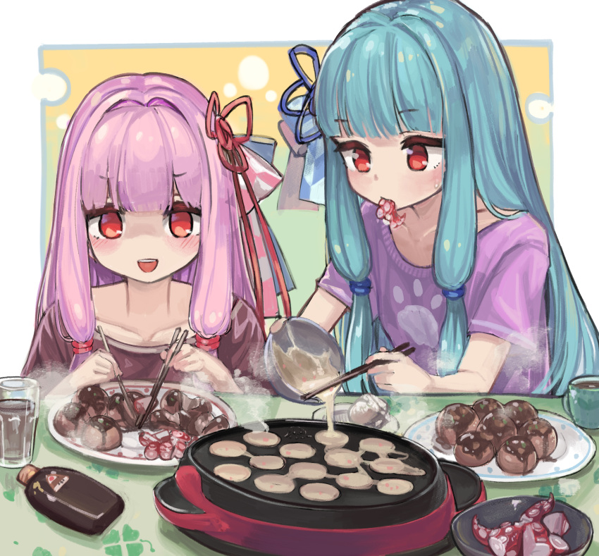 2girls blue_hair blunt_bangs chopsticks commentary cooking food food_in_mouth glass hair_ribbon highres kotonoha_akane kotonoha_aoi long_hair microa mouth_hold multiple_girls octopus paw_print pink_hair pouring red_eyes ribbon siblings sidelocks sisters steam takoyaki takoyaki_pan tentacle upper_body voiceroid