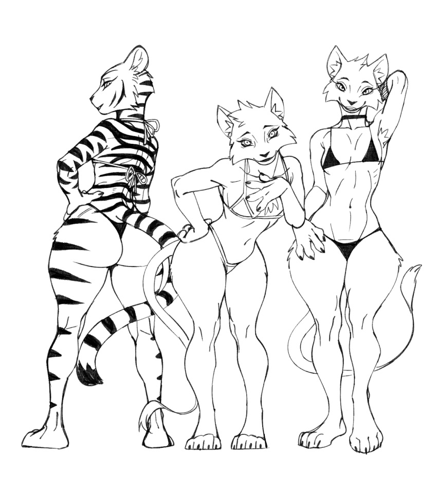 4_toes anthro ass barefoot bikini breasts choker claws clothing father_of_the_pride feet felid feline female hi_res jewelry jijis-waifus kate_(father_of_the_pride) lion mammal monochrome necklace pantherine plantigrade sierra_(father_of_the_pride) small_breasts swimwear tiger toes victoria_(father_of_the_pride) wide_hips