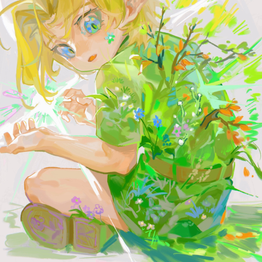 1boy bare_arms blonde_hair blue_eyes blue_flower boots branch brown_footwear flower from_behind glowing grass green_tunic grey_background highres indian_style link lolicon looking_to_the_side male_focus octahooves overgrown parted_lips petals plant pointy_ears shoe_soles short_hair short_sleeves sitting solo surprised the_legend_of_zelda the_legend_of_zelda:_ocarina_of_time young_link