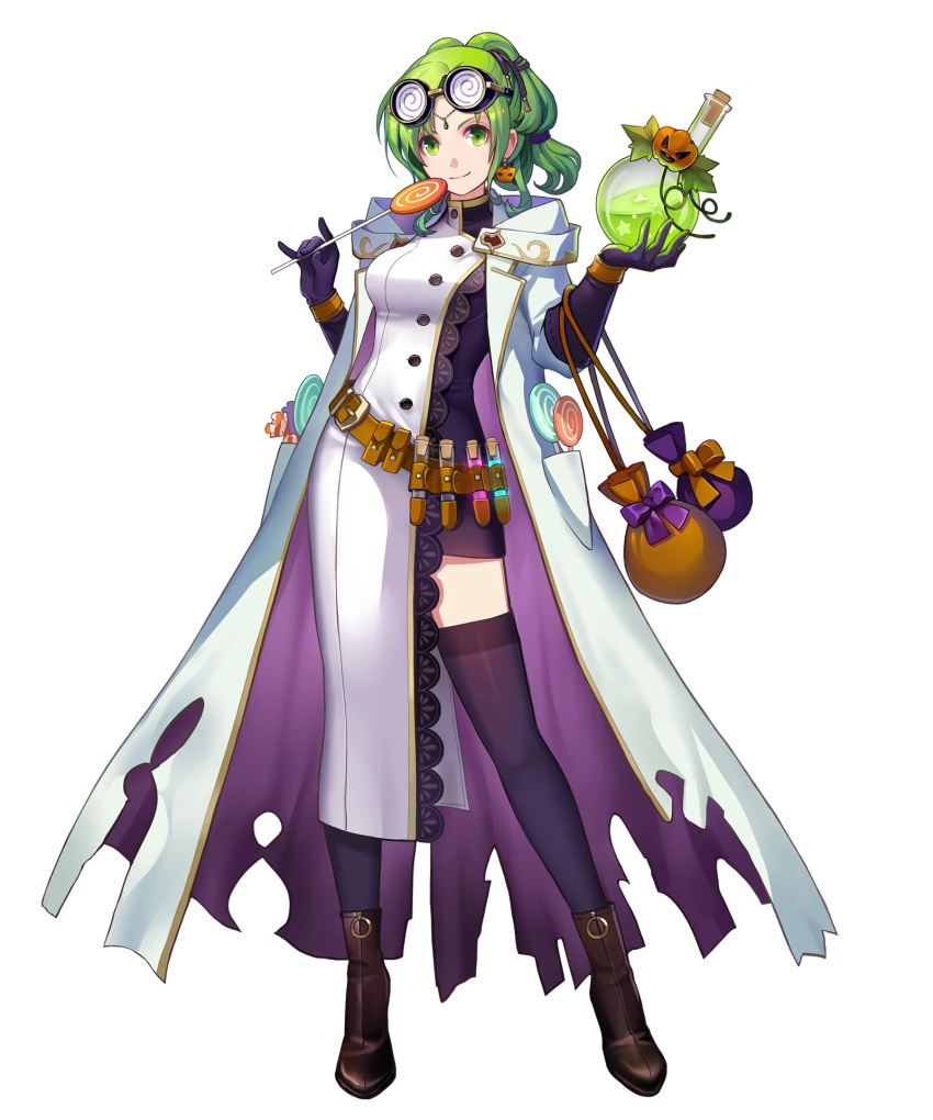 alternate_costume ankle_boots bag belt black_footwear black_thighhighs boots bow breasts buttons candy closed_mouth coat dress earrings eyewear_on_head female fire_emblem fire_emblem:_the_sacred_stones fire_emblem_heroes food full_body glasses gloves green_eyes green_hair halloween halloween_costume highres holding jewelry konfuzikokon l'arachel_(fire_emblem) l'arachel_(halloween)_(fire_emblem) lab_coat long_hair long_sleeves looking_at_viewer medium_breasts non-web_source official_art shiny_clothes short_dress smile solo standing test_tube thighhighs tied_hair transparent_background turtleneck zettai_ryouiki