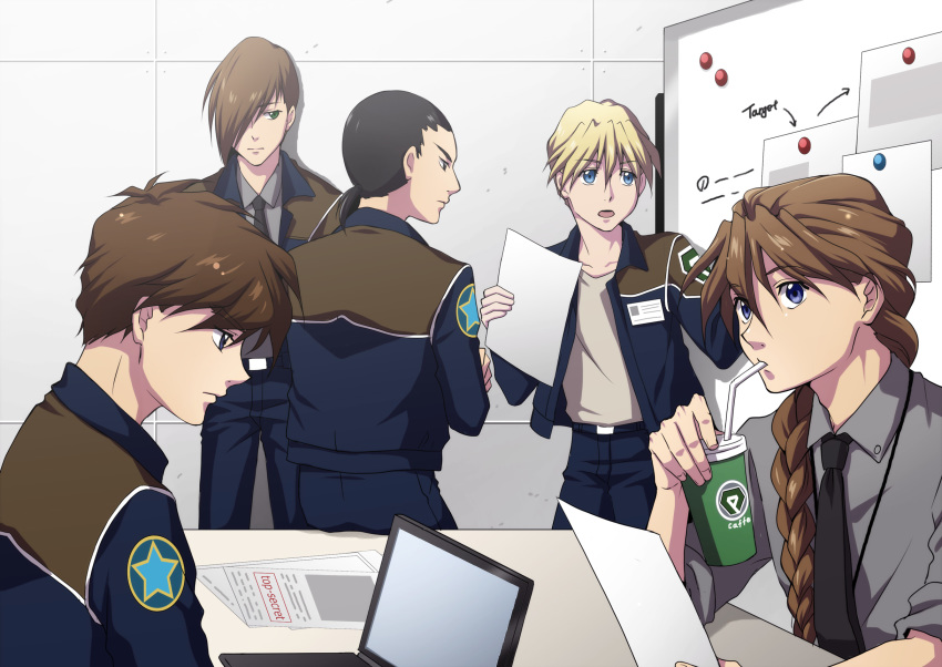 5boys back black_necktie blonde_hair braid brown_hair chang_wufei commentary_request computer cup disposable_cup drink drinking drinking_straw duo_maxwell english_text expressionless green_eyes gundam gundam_wing hair_over_one_eye heero_yuy highres holding holding_drink holding_paper jacket laptop long_hair male_focus multiple_boys necktie open_mouth paper ponytail profile purple_eyes quatre_raberba_winner rei_(usabiba) single_braid table trowa_barton upper_body