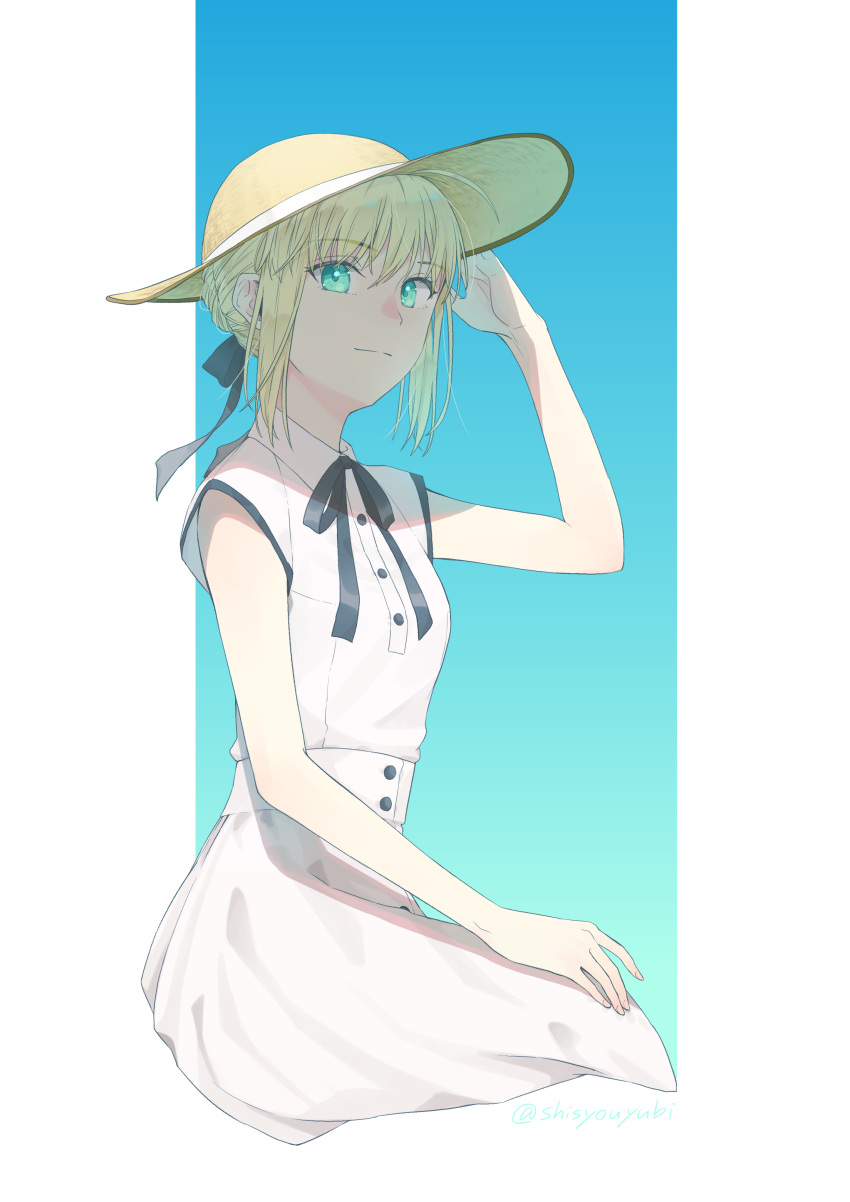 absurdres artoria_pendragon_(fate) black_ribbon blonde_hair closed_mouth collared_shirt commentary_request fate/stay_night fate_(series) female green_eyes hair_ribbon hat highres long_skirt neck_ribbon official_alternate_costume ribbon saber_(fate) shayubi shirt short_hair short_sleeves sitting skirt smile solo sun_hat white_background white_shirt white_skirt wing_collar yellow_hat