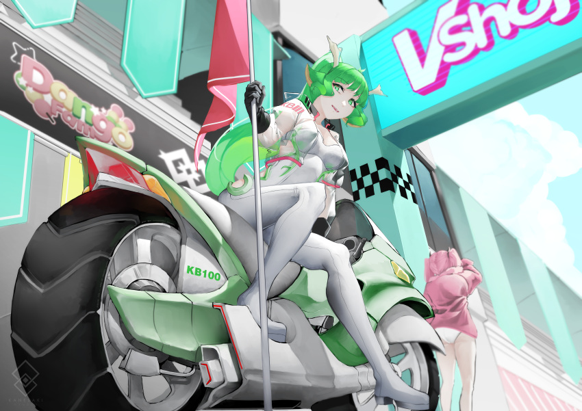 2girls absurdres animal_ears antlers black_gloves bodysuit breasts copyright_name deer_antlers deer_ears demon_girl flag gloves green_eyes green_hair haruka_karibu highres holding holding_flag horns ironmouse ironmouse_(race_queen) jacket kanesaki large_breasts leotard long_hair looking_at_viewer motor_vehicle motorcycle multiple_girls on_vehicle pink_jacket ponytail race_queen reindeer_antlers twintails virtual_youtuber vshojo white_bodysuit white_leotard