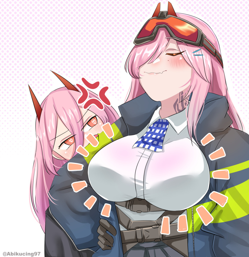 2girls abineko absurdres artist_name belt blue_jacket blue_skirt blush breast_envy breasts chainsaw_man closed_eyes closed_mouth color_connection commentary crossover eyewear_on_head girls'_frontline hair_color_connection hand_on_own_hip highres horns jacket large_breasts long_hair looking_at_another mole mole_under_eye multiple_girls neck_tattoo open_clothes open_jacket orange_hair pink_hair police police_uniform power_(chainsaw_man) red_horns shirt sig_mcx_(girls'_frontline) simple_background skirt smile tattoo trait_connection uniform white_shirt