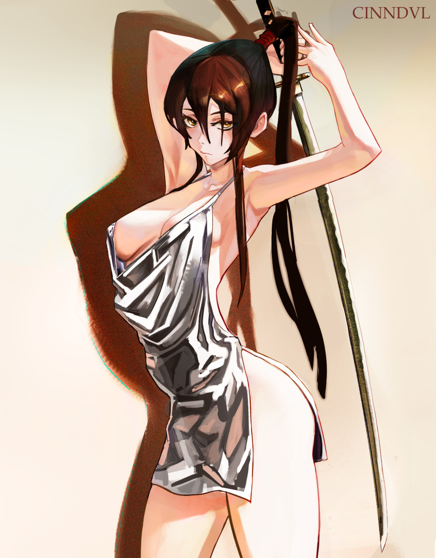 absurdres arms_up artist_name breasts brown_background brown_hair cinndvl cleavage cowl_neck dress female grey_dress hair_between_eyes high_ponytail highres holding holding_sword holding_weapon jigokuraku katana long_hair looking_at_viewer medium_breasts plunging_neckline revealing_clothes shadow side_slit solo sword weapon yamada_asaemon_sagiri