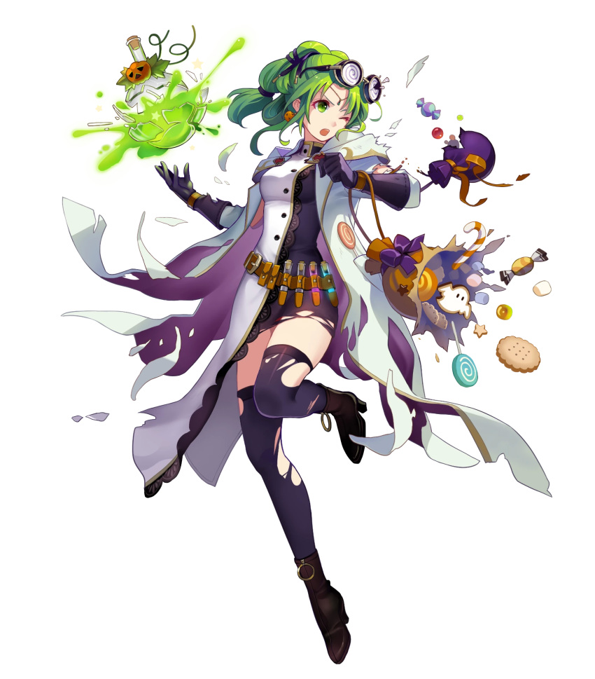 alternate_costume ankle_boots bag belt black_dress black_footwear black_thighhighs boots breasts buttons candy coat dress earrings eyewear_on_head female fire_emblem fire_emblem:_the_sacred_stones fire_emblem_heroes food full_body glasses gloves green_eyes green_hair halloween halloween_costume high_heel_boots high_heels highres jewelry konfuzikokon l'arachel_(fire_emblem) l'arachel_(halloween)_(fire_emblem) lab_coat leg_up long_hair long_sleeves looking_away medium_breasts non-web_source official_art one_eye_closed open_mouth short_dress solo test_tube thighhighs tied_hair transparent_background turtleneck zettai_ryouiki