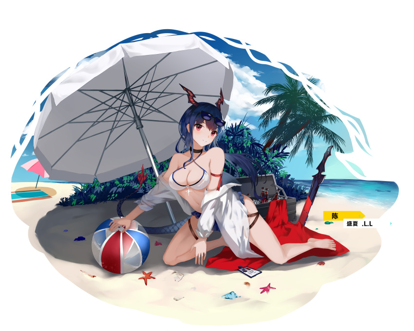 .l.l absurdres arknights ball bare_legs bare_shoulders barefoot beach beach_umbrella beachball bikini black_choker blue_hair blue_sky breasts ch'en_(arknights) choker cleavage cloud commentary_request criss-cross_halter day dragon_horns eyewear_on_head female halterneck highres horns md5_mismatch medium_breasts off_shoulder open_clothes open_shirt outdoors partial_commentary planted planted_sword shadow shirt sky solo sunglasses swimsuit sword thighs umbrella weapon white_bikini white_shirt