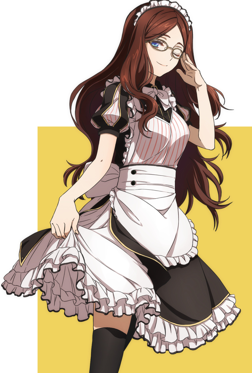 apron black_dress black_thighhighs blue_eyes blush breasts brown_hair commission cosplay dress fate/grand_order fate_(series) female forehead glasses highres large_breasts leonardo_da_vinci_(fate) leonardo_da_vinci_(rider)_(fate) leonardo_da_vinci_(rider)_(fate)_(cosplay) leonardo_da_vinci_(rider)_(second_ascension)_(fate) long_hair looking_at_viewer maid maid_headdress oiun one_eye_closed parted_bangs pixiv_commission puff_and_slash_sleeves puffy_short_sleeves puffy_sleeves short_sleeves smile solo thighhighs thighs white_apron yellow_background