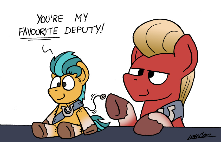 badge bobthedalek dialogue english_text equid equine hasbro hi_res hitch_trailblazer_(mlp) hooves horse male mammal mlp_g5 my_little_pony pony pull_string sash solo sprout_cloverleaf_(mlp) string text toy underline