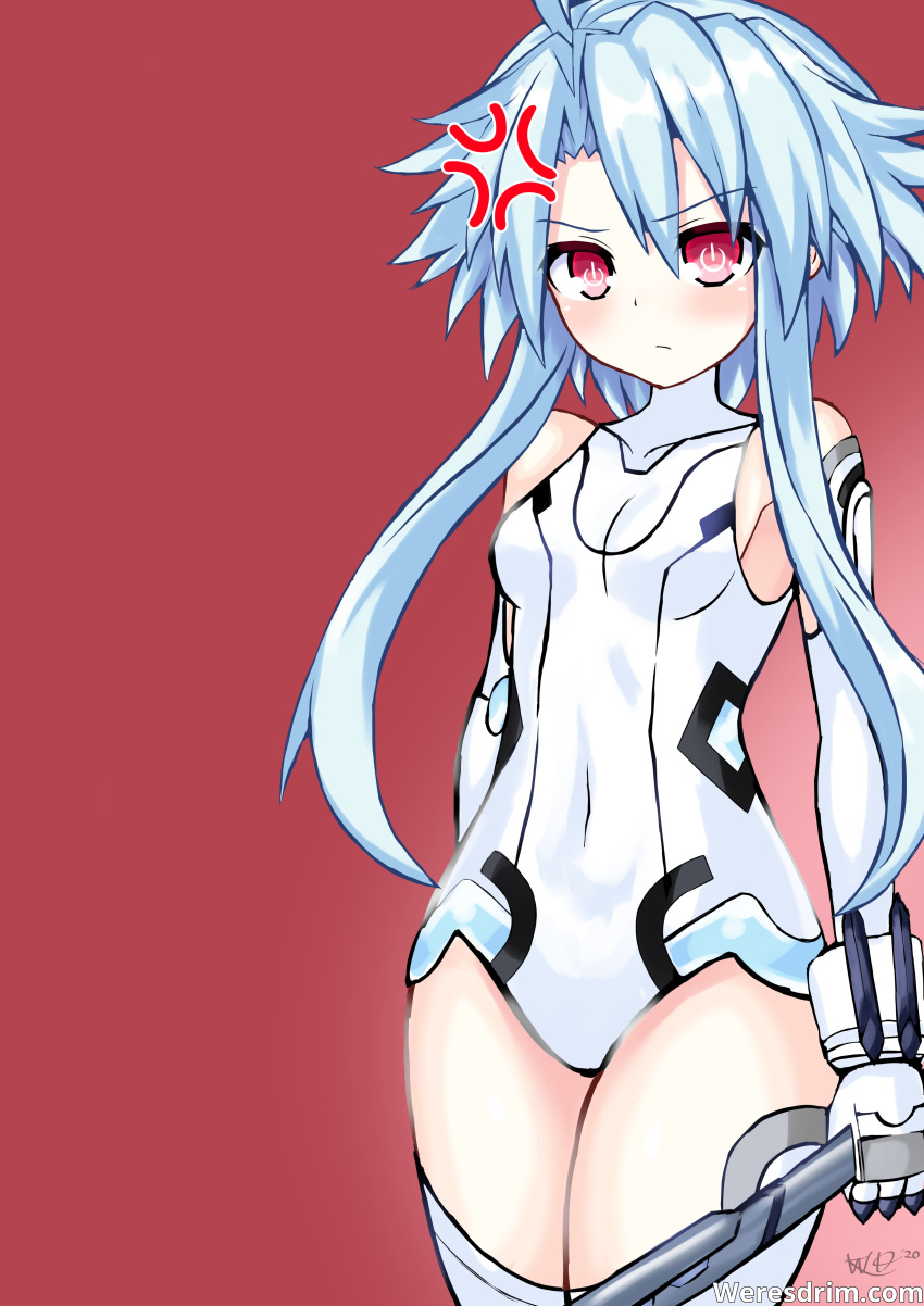 absurdres ahoge anger_vein bad_id bad_pixiv_id bare_shoulders blue_hair blush breasts closed_mouth commentary_request cowboy_shot elbow_gloves female gloves hair_between_eyes highres holding holding_weapon leotard light_blue_hair looking_at_viewer neptune_(series) partial_commentary power_symbol power_symbol-shaped_pupils red_background red_eyes short_hair_with_long_locks sidelocks small_breasts solo standing symbol-shaped_pupils thighhighs weapon web_address weresdrim white_gloves white_heart_(neptunia) white_leotard