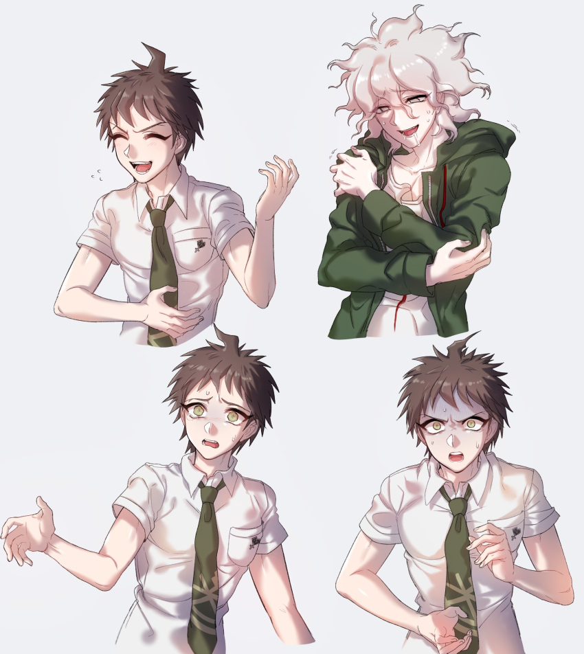 2boys :d ahoge breast_pocket brown_hair closed_eyes collarbone collared_shirt commentary_request cropped_torso crossed_arms danganronpa_(series) danganronpa_2:_goodbye_despair derivative_work freckles green_eyes green_jacket green_necktie grey_eyes grey_hair gwanlamcha hand_up highres hinata_hajime hood hood_down hooded_jacket jacket komaeda_nagito korean_commentary looking_down male_focus messy_hair multiple_boys multiple_views necktie open_mouth pocket print_shirt saliva shirt short_hair short_sleeves smile sweat upper_body white_shirt