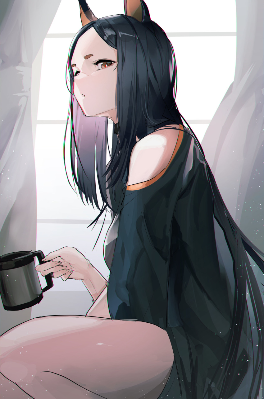 absurdres animal_ears arknights bare_shoulders black_hair black_shirt breasts brown_eyes coffee_mug cup curtains dobermann_(arknights) dog_ears female forehead from_side highres hiyaori_(hiyahiyaval) holding holding_cup indoors long_hair looking_at_viewer looking_to_the_side medium_breasts mug off_shoulder one_eye_closed parted_lips shirt sitting solo thighs very_long_hair window