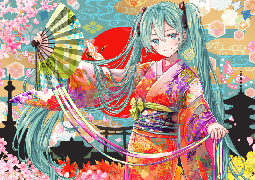 akasaka_asa aqua_eyes aqua_hair autumn_leaves bird cherry_blossoms closed_mouth colored_eyelashes colorful commentary cowboy_shot egasumi female fingernails floating_hair floral_print folding_fan ginkgo_leaf hair_between_eyes hand_fan hatsune_miku hexagon highres holding holding_fan japanese_clothes kimono kyoto_tower leaf long_hair long_sleeves looking_at_viewer maple_leaf obi obiage outstretched_arm pagoda print_kimono red_sun ribbon sash sayagata silhouette smile solo standing torii twintails very_long_hair vocaloid wide_sleeves yasaka_pagoda