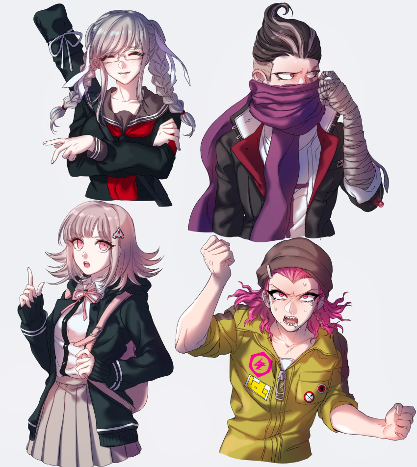 2boys 2girls arm_up bandaged_arm bandaged_hand bandages black_headwear black_jacket black_shirt blush braid clenched_hand collared_shirt commentary_request crossed_arms danganronpa_(series) danganronpa_2:_goodbye_despair derivative_work dress_shirt flipped_hair galaga glasses grey_hair gwanlamcha hair_ornament hair_ribbon hairclip hand_up hat heterochromia highres hood index_finger_raised jacket jumpsuit korean_commentary light_brown_hair long_hair long_scarf long_sleeves looking_at_viewer looking_away medium_hair multicolored_hair multiple_boys multiple_girls nanami_chiaki neck_ribbon neckerchief open_clothes open_jacket open_mouth pale_skin pekoyama_peko pink_eyes pink_ribbon print_shirt purple_scarf ribbon rimless_eyewear sailor_collar scarf school_uniform shirt shirt_tucked_in short_hair side_braid simple_background skirt sleeves_past_wrists sleeves_pushed_up smile soda_kazuichi spaceship_hair_ornament tanaka_gundham tears teeth twin_braids two-tone_hair two-tone_shirt undercut upper_teeth_only white_background white_ribbon white_shirt yellow_jumpsuit