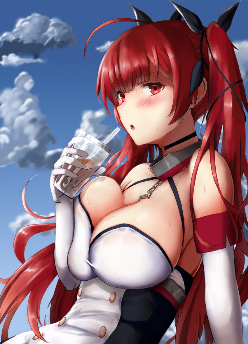 :o ahoge arm_support azur_lane black_ribbon blue_sky blush breast_press breasts bubble_tea cleavage cloud collarbone commentary_request cup day disposable_cup drinking_straw elbow_gloves female from_side gloves hair_between_eyes hair_ribbon hat highres holding holding_cup honolulu_(azur_lane) large_breasts long_hair looking_at_viewer open_mouth outdoors red_eyes red_hair revision ribbon satou_aji sitting sky solo sweat teeth twintails upper_teeth_only very_long_hair white_gloves