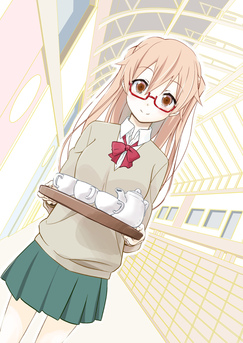 blush bow brown_eyes brown_hair brown_sweater cup day dutch_angle female glasses green_skirt hair_between_eyes highres holding holding_tray indoors long_sleeves red-framed_eyewear red_bow school_uniform shiraishi_(tanakeda) skirt smile solo sorattama sweater tanaka-kun_wa_itsumo_kedaruge teacup teapot tray