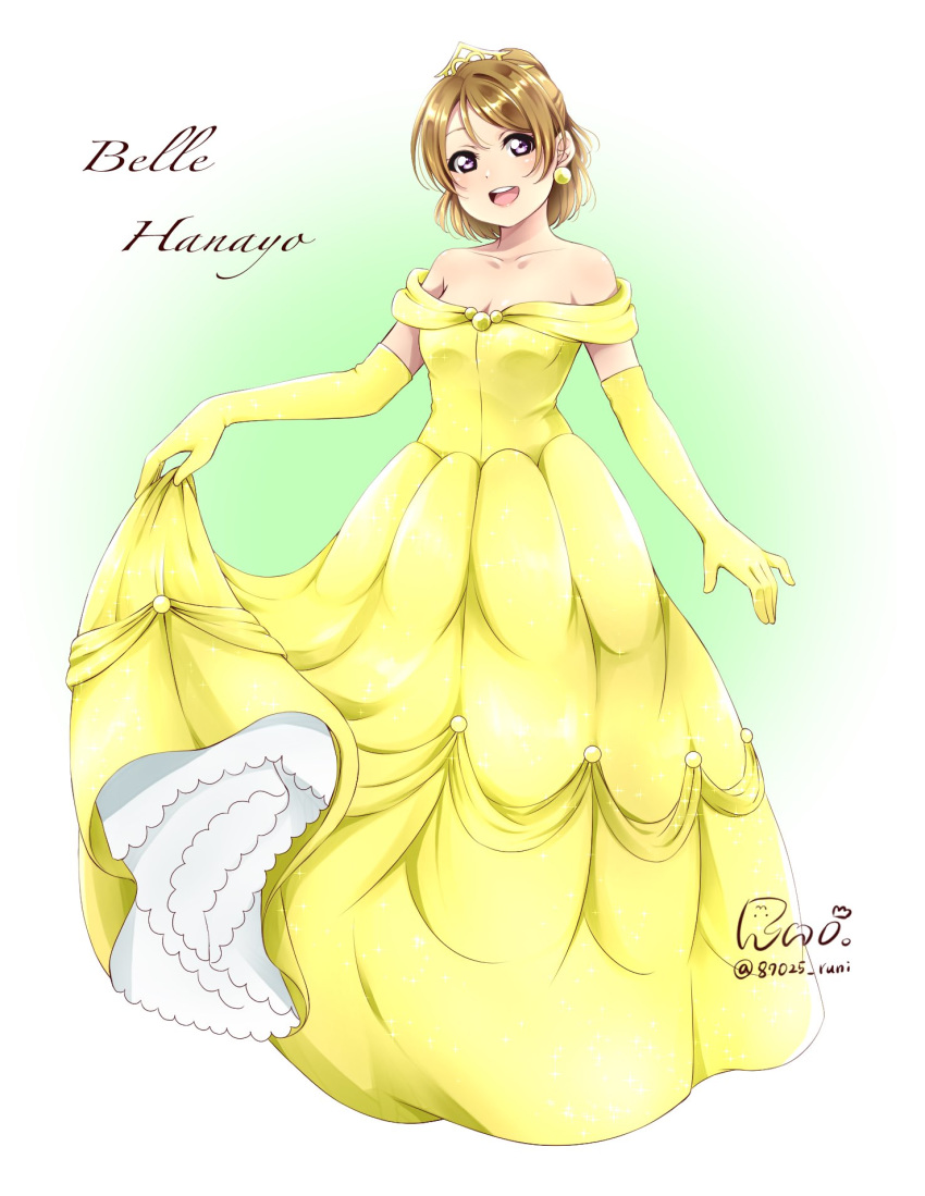 :d beauty_and_the_beast belle_(disney) belle_(disney)_(cosplay) character_name cosplay dress earrings elbow_gloves female full_body gloves highres holding jewelry koizumi_hanayo love_live! love_live!_school_idol_project off-shoulder_dress off_shoulder open_mouth runi_(87025) signature skirt skirt_hold smile tiara twitter_username