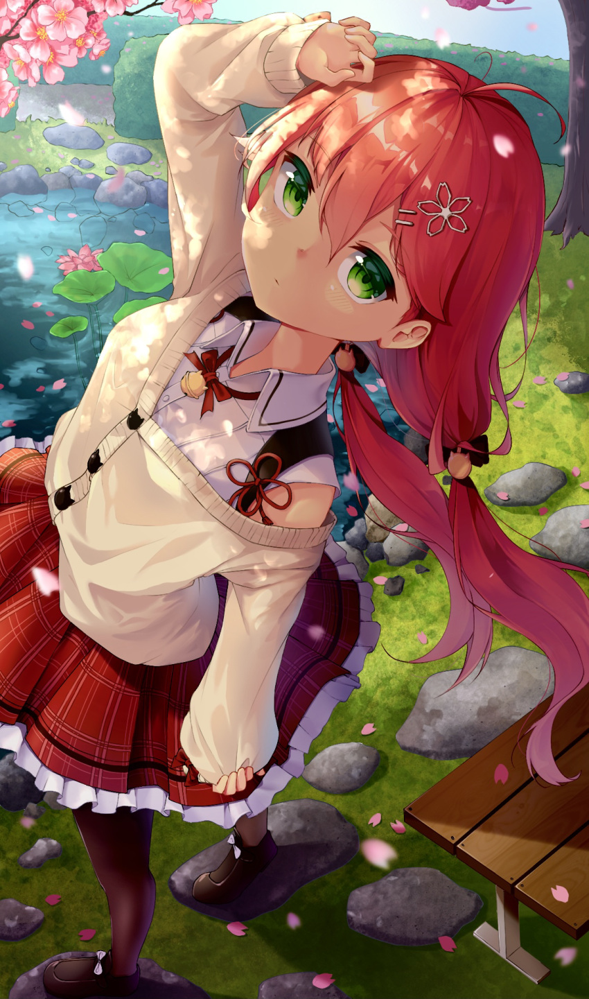 ahoge black_legwear cardigan cherry_blossoms commentary english_commentary female from_above green_eyes hair_ornament hairclip highres hololive long_hair looking_at_viewer low_twintails maeru miniskirt official_alternate_costume outdoors pink_hair red_skirt sakura_miko sakura_miko_(casual) shirt skirt sleeveless sleeveless_shirt solo suspenders twintails virtual_youtuber white_shirt yellow_cardigan