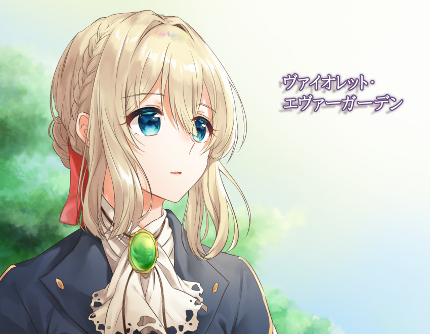 ascot blonde_hair blue_eyes blue_jacket blunt_ends bolo_tie braid braided_bun character_name copyright_name female gem gintama_10102 green_gemstone hair_between_eyes hair_bun hair_ribbon highres jacket parted_lips red_ribbon ribbon short_hair solo translated upper_body violet_evergarden violet_evergarden_(series) white_ascot