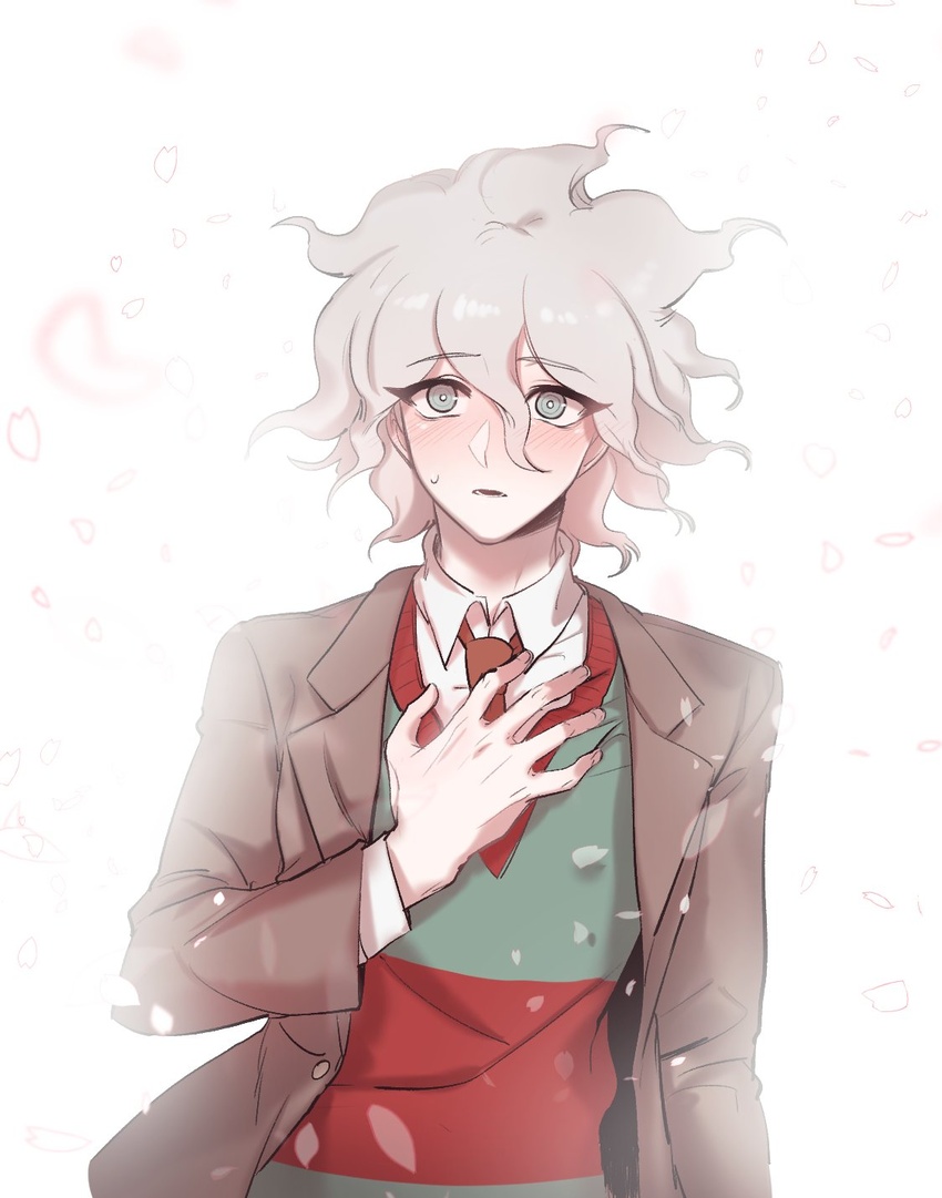 1boy alternate_costume blush brown_jacket cherry_blossoms collared_shirt commentary_request danganronpa_(series) danganronpa_2:_goodbye_despair green_sweater grey_eyes grey_hair gwanlamcha hair_between_eyes hand_on_own_chest highres jacket komaeda_nagito korean_commentary long_sleeves looking_at_viewer lower_teeth_only male_focus necktie parted_lips petals red_necktie red_sweater school_uniform shirt short_hair simple_background solo striped_clothes striped_sweater sweatdrop sweater teeth upper_body white_background white_shirt