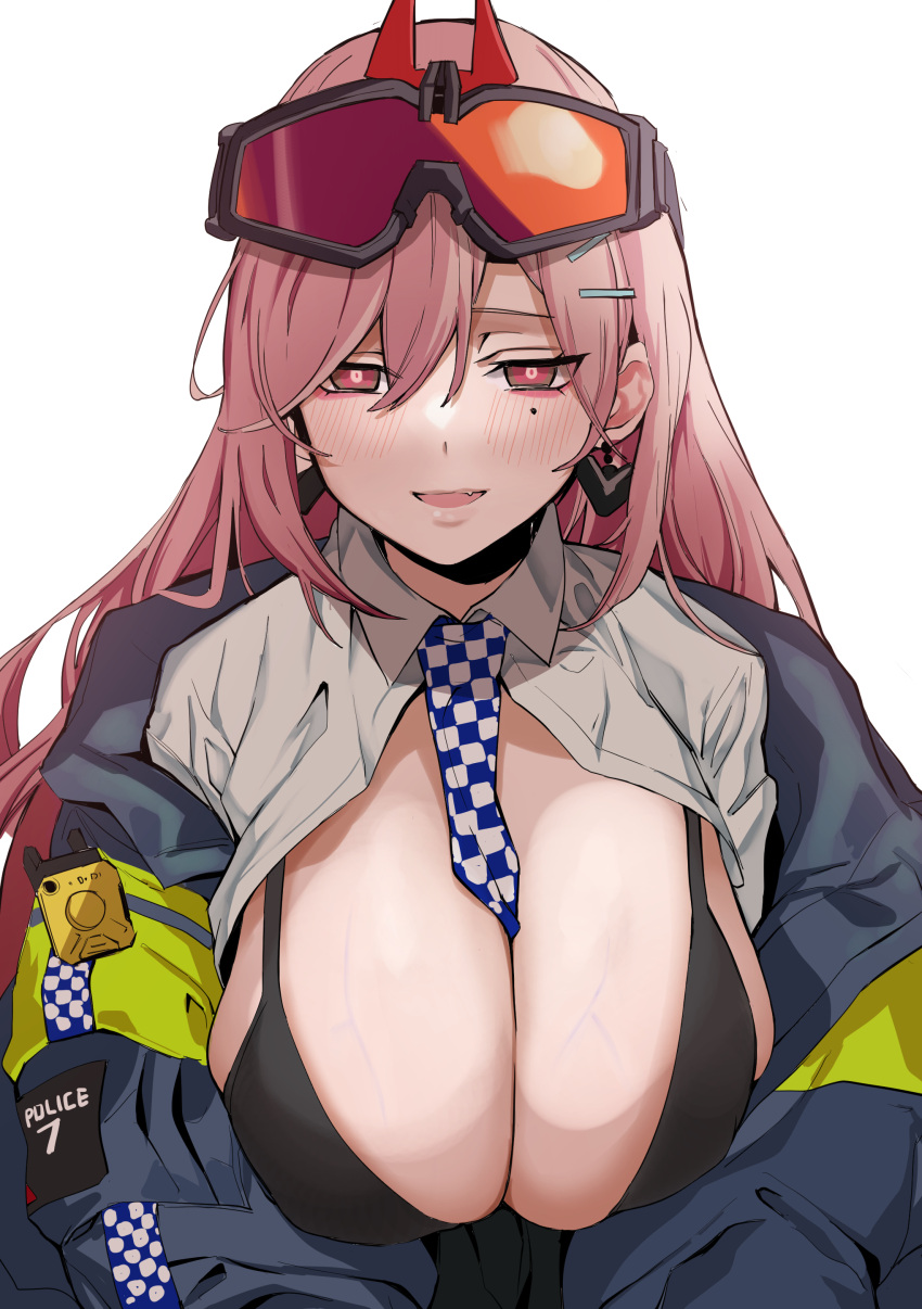 :d absurdres banssee bikini black_bra blush bra breasts cleavage collared_shirt duplicate earrings eyewear_on_head female girls'_frontline hair_between_eyes heart heart_earrings highres jacket jewelry korean_commentary large_breasts long_hair looking_at_viewer mole mole_under_eye open_clothes open_jacket open_mouth open_shirt pink_hair pixel-perfect_duplicate police police_uniform red_eyes shirt sig_mcx_(girls'_frontline) simple_background smile solo swimsuit underwear uniform upper_body veins veiny_breasts white_background white_shirt