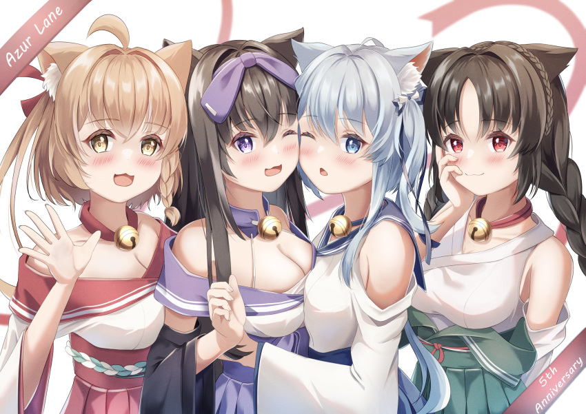 4girls :3 ahoge animal_ear_fluff animal_ears arashio_(azur_lane) asashio_(azur_lane) azur_lane bare_shoulders bell black_hair blue_eyes blue_hair blue_skirt bow braid breast_press breasts cat_ears cat_girl cleavage clothing_cutout green_skirt hair_ornament hairbow highres jingle_bell large_breasts long_hair long_sleeves looking_at_viewer michishio_(azur_lane) multiple_girls neck_bell one_eye_closed ooshio_(azur_lane) open_mouth orange_hair pleated_skirt purple_bow purple_eyes purple_skirt red_eyes red_skirt shoulder_cutout simple_background skirt twin_braids white_background yellow_eyes yorumon