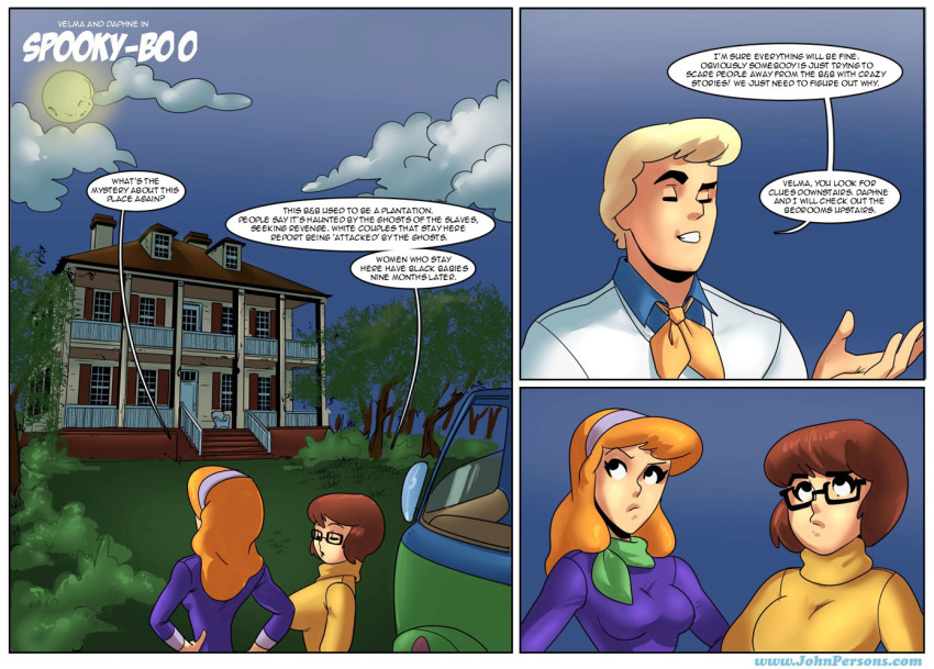 1boy 2girls breasts comic daphne_blake english_text freddy_jones hanna-barbera john_persons large_breasts male rabies-t-lagomorph red_hair scooby-doo text velma_dinkley