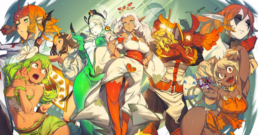 1boy 6+girls absurdres animal_ears armpits ass_visible_through_thighs breasts card commentary_request dofus ecaflip eniripsa eureka_brider feca_(dofus) furry furry_female glowing glowing_eyes green_eyes green_hair highres iop_(wakfu) jpeg_artifacts krosmaga large_breasts midriff multiple_girls navel no_panties orange_eyes orange_hair panties pantyshot pointy_ears sadida thighs underwear upskirt white_hair