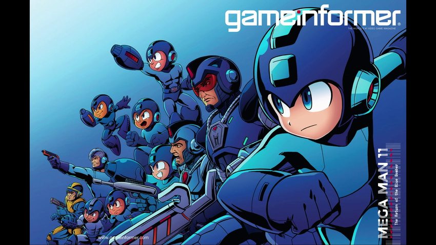 6+boys abs aiming android archived_source arm_cannon armor belt belt_buckle blue_background blue_bodysuit blue_eyes blue_theme bodysuit buckle capcom clenched_hand clenched_hands clenched_teeth closed_mouth copyright_name cover energy_gun english_text fighting_stance from_side game_informer gradient_background gun handgun helmet highres holding holding_gun holding_weapon jumping legs_apart looking_away magazine_cover male_focus mega_man_(character) mega_man_(classic) mega_man_(series) mega_man_1 mega_man_10 mega_man_11 mega_man_2 mega_man_3 mega_man_4 mega_man_5 mega_man_6 mega_man_7 mega_man_8 mega_man_9 multiple_boys multiple_persona official_art open_mouth outstretched_arm pillarboxed ray_gun serious smile smirk squatting standing teeth thick_eyebrows v-shaped_eyebrows visor watermark weapon web_address