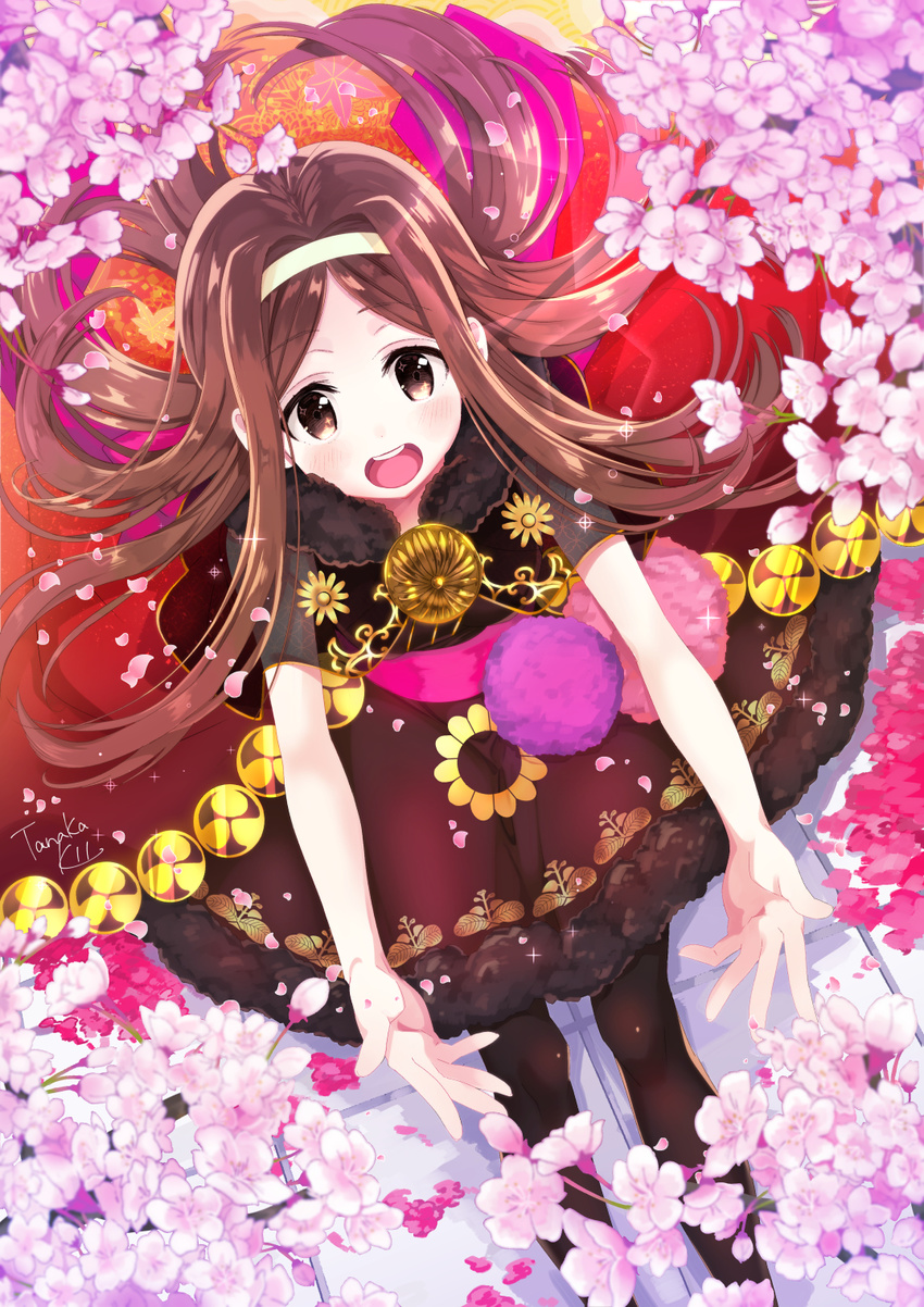 :d artist_name bad_id bad_pixiv_id blush branch brown_eyes brown_hair chacha_(fate) cherry_blossoms dress fate/grand_order fate_(series) female flower fur-trimmed_dress fur_trim hairband highres kirimon_(paulownia) long_hair open_mouth outstretched_arms outstretched_hand pantyhose petals signature sitting smile solo tanaka_kii tile_floor tiles very_long_hair