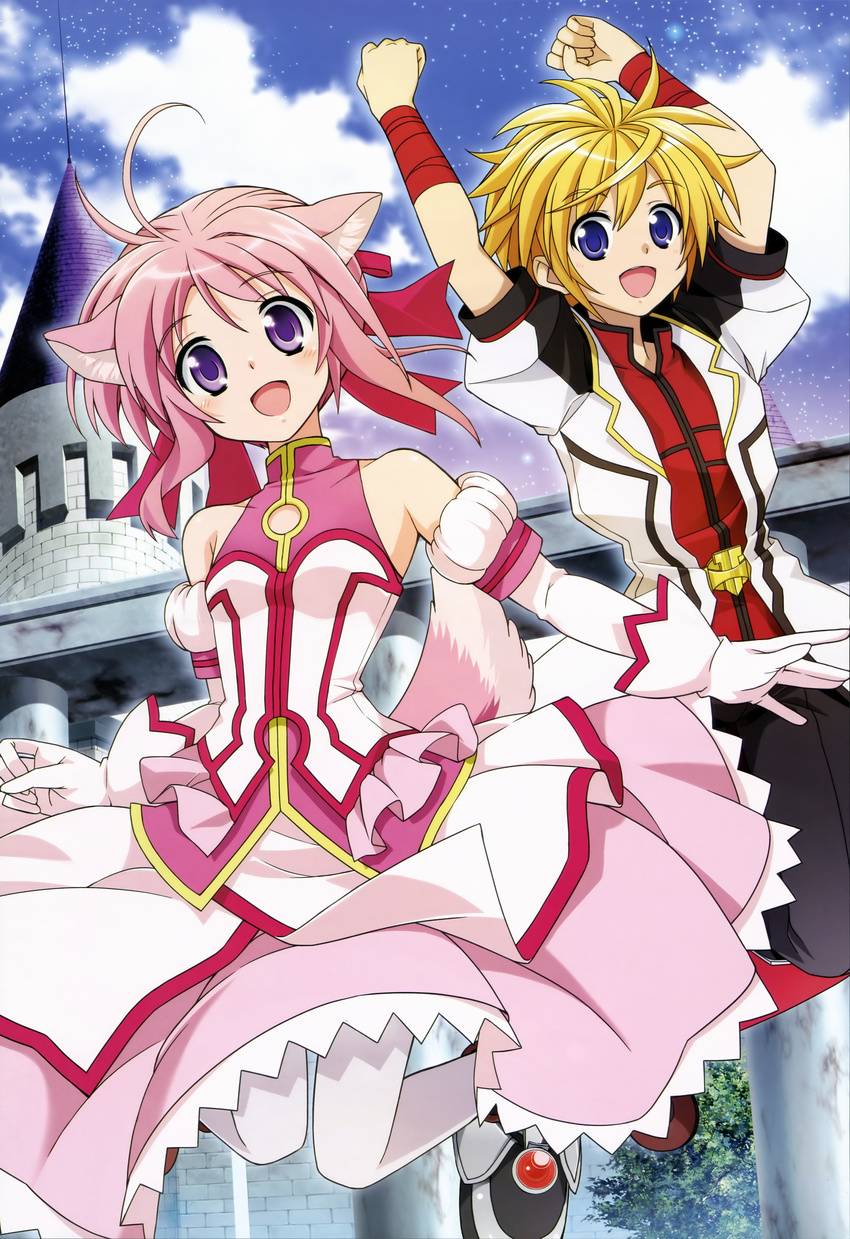 1boy absurdres animal_ears blonde_hair blue_eyes cinque_izumi dog_days dog_ears dog_girl dog_tail dress female highres ikawa_waki imageboard_desourced jumping millhiore_f._biscotti non-web_source nyantype official_art open_mouth pink_hair pink_tail purple_eyes smile tail