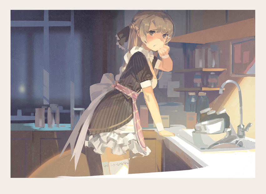 ann_(forever_7th_capital) apron black_eyes blonde_hair commentary_request female forever_7th_capital hjl kitchen long_hair looking_at_viewer maid official_art photoshop_(medium) sink solo thighhighs white_thighhighs wiping_face