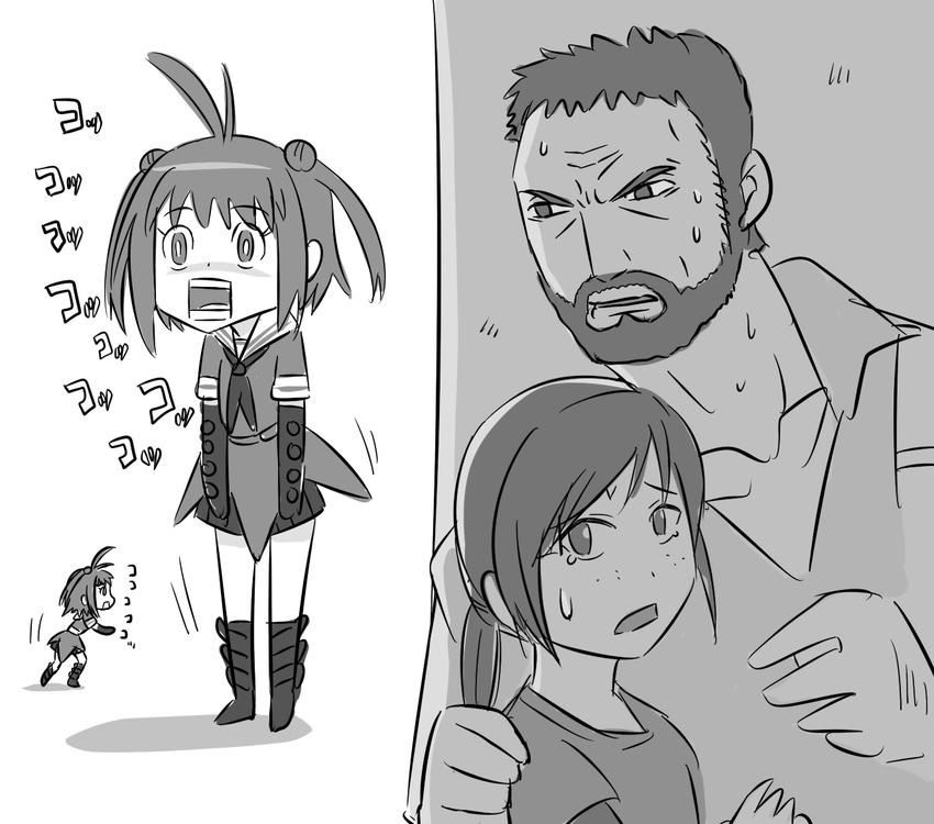 2girls ahoge beard commentary_request crossover double_bun ellie_(the_last_of_us) facial_hair gloves greyscale hair_bun hiding joel_(the_last_of_us) kantai_collection monochrome multiple_girls naka_(kancolle) school_uniform serafuku the_last_of_us the_last_of_us_(series) tonda