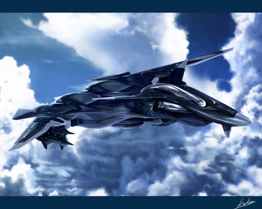 aircraft airplane cloud commentary_request day ffr-41mr fighter_jet jet kawanakajima letterboxed md5_mismatch military military_vehicle no_humans science_fiction sentou_yousei_yukikaze signature sky vehicle_focus