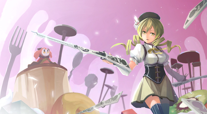 beret blonde_hair breasts brown_legwear chair charlotte_(madoka_magica) commentary_request cupcake detached_sleeves doughnut drill_hair dual_wielding elrowa female fingerless_gloves food fork fruit gloves gun hair_ornament hairpin hat highres holding kiwi_(fruit) large_breasts long_hair magical_girl magical_musket mahou_shoujo_madoka_magica mahou_shoujo_madoka_magica_(anime) open_mouth pleated_skirt puffy_sleeves ribbon rifle skirt spoon striped_clothes striped_thighhighs thighhighs tomoe_mami tomoe_mami_(magical_girl) twin_drills twintails vertical-striped_clothes vertical-striped_thighhighs weapon witch's_labyrinth yellow_eyes zettai_ryouiki