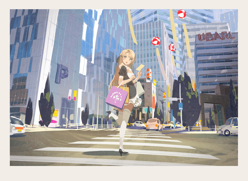 ann_(forever_7th_capital) balloon blonde_hair brown_eyes car city commentary_request crosswalk female forever_7th_capital high_heels hjl leg_up long_hair looking_at_viewer maid motor_vehicle official_art open_mouth photoshop_(medium) solo thighhighs traffic white_thighhighs