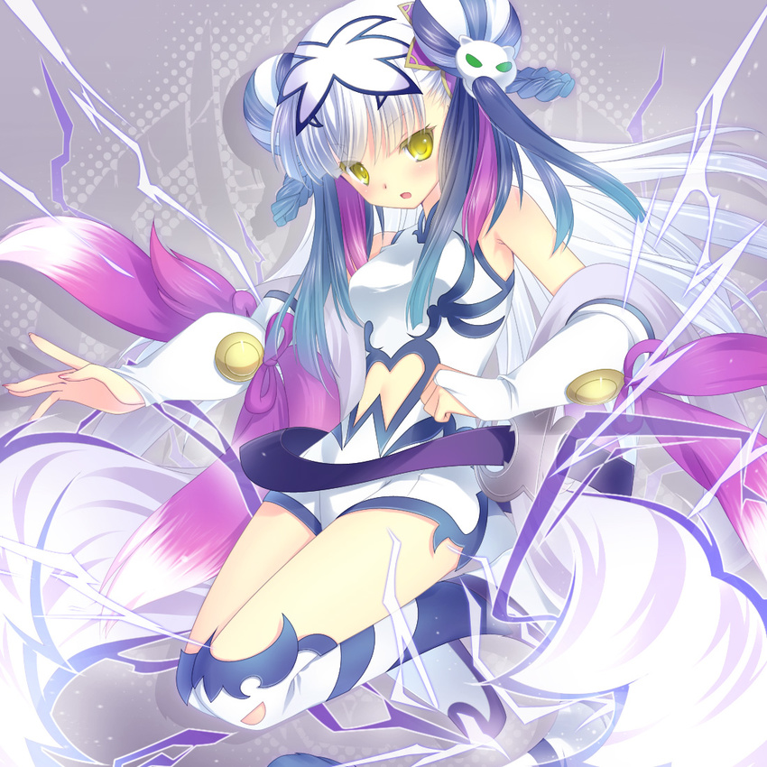 :o arm_warmers bad_id bad_pixiv_id bare_shoulders blue_hair blush bodysuit braid claws clothing_cutout commentary_request double_bun female hair_bun hair_ornament haku_(p&d) knees_together_feet_apart long_hair midriff multicolored_hair nano00 navel_cutout open_mouth photoshop_(medium) purple_hair purple_ribbon puzzle_&_dragons ribbon solo tail tiger_tail twin_braids white_hair yellow_eyes