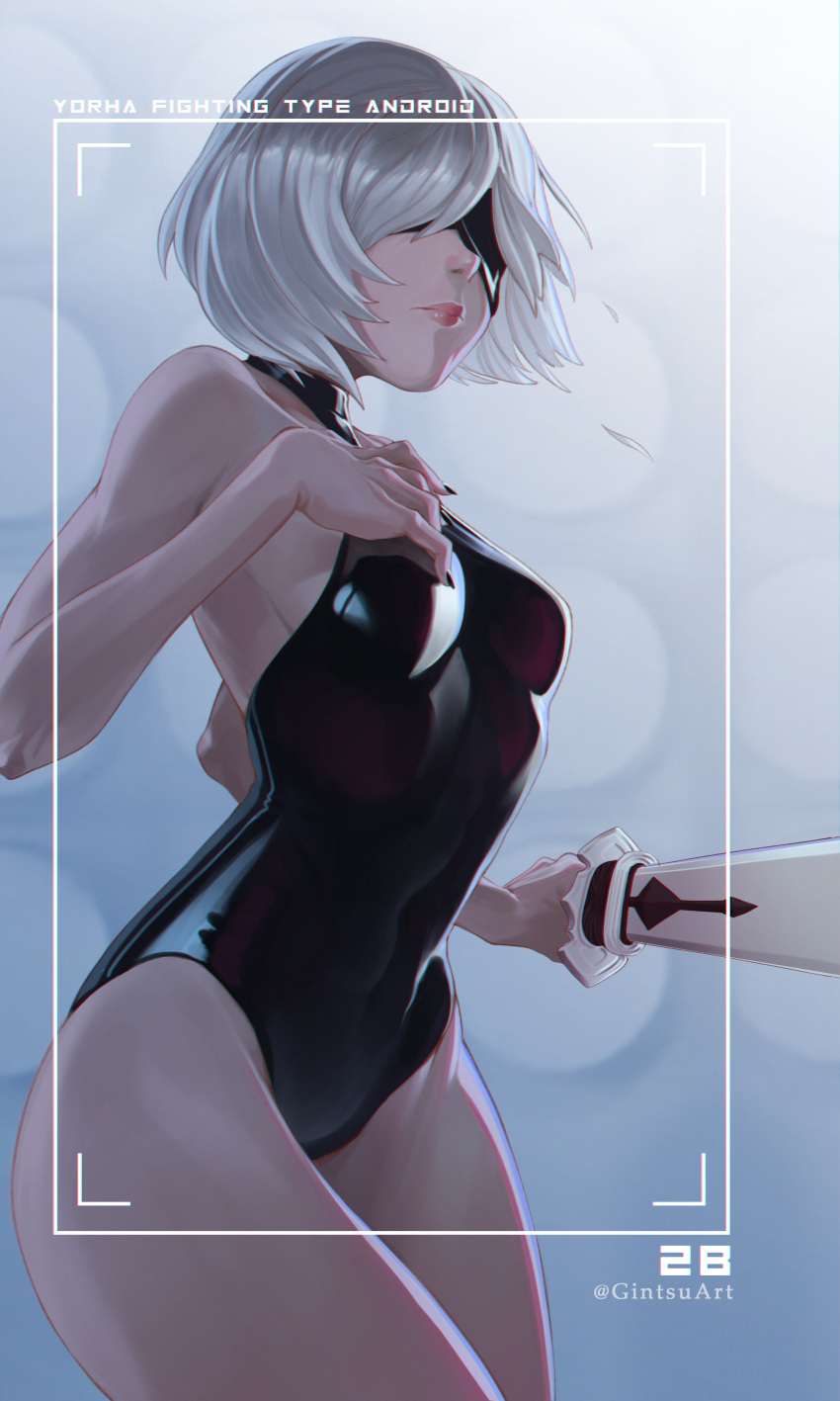 2b_(nier:automata) absurdres black_blindfold black_leotard black_nails blindfold breasts character_name covered_eyes english_commentary female fingernails gintsu highres holding holding_sword holding_weapon latex latex_leotard leotard lips medium_breasts nier:automata nier_(series) no_mole nose pink_lips sharp_fingernails short_hair skin_tight solo sword weapon white_hair