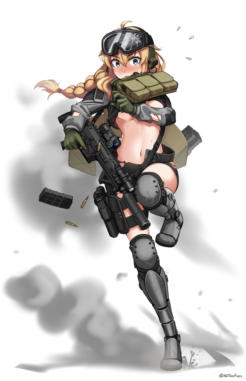 absurdres ahoge bike_shorts black_shorts black_thighhighs blonde_hair blush boots braid breasts broken_glass bullet chinese_commentary commentary_request cz_805_bren ear_protection female flying_sweatdrops full_body girls'_frontline glass gloves goggles goggles_on_head green_gloves grey_footwear grey_jacket gun hair_intakes highres holding holding_gun holding_weapon indie_virtual_youtuber jacket knee_boots knee_pads long_hair magazine_(weapon) medium_breasts navel ndtwofives nose_blush short_shorts shorts single_braid smoke solo standing standing_on_one_leg thighhighs thighhighs_under_boots torn_clothes torn_jacket torn_shorts twitter_username underboob virtual_youtuber weapon whiskey_project white_background