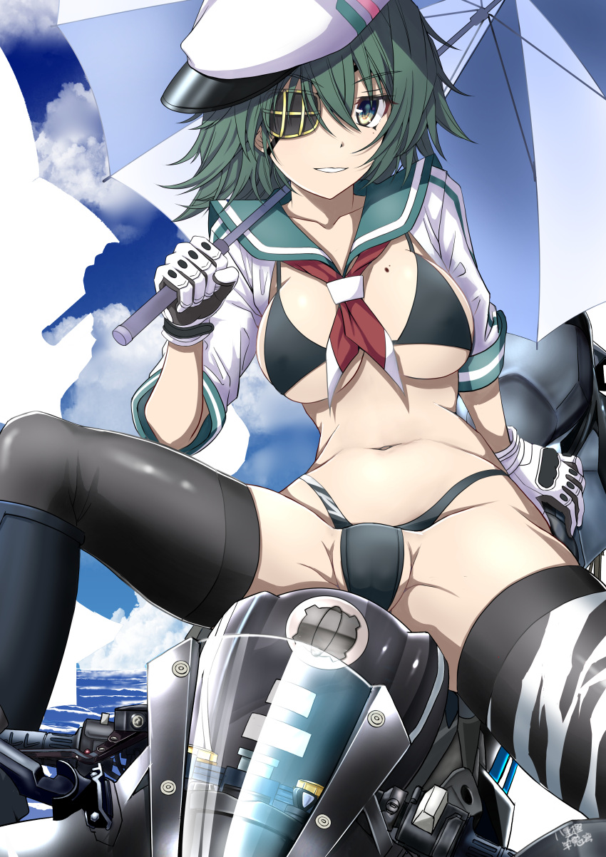 absurdres asymmetrical_legwear bikini black_bikini breasts eyepatch female gloves green_eyes green_hair hat highres kantai_collection kiso_(kancolle) kiso_kai_ni_(kancolle) large_breasts medium_hair mismatched_legwear mole mole_on_breast motor_vehicle motorcycle navel sailor_hat shrug_(clothing) sitting solo spread_legs swimsuit thighhighs white_gloves yaegashi_(muzzuleflash)