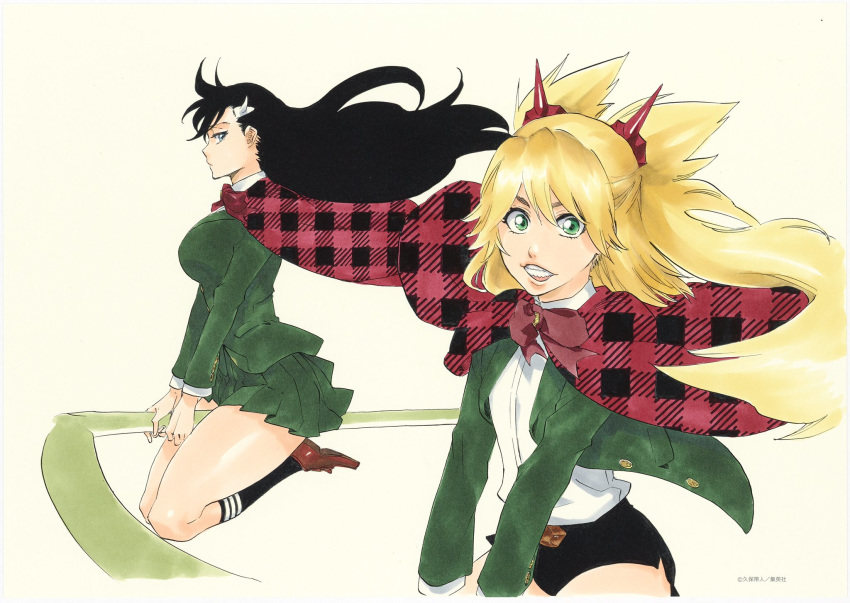 2girls artist_name black_hair black_legwear black_shorts blonde_hair blue_eyes bow breasts burn_the_witch capelet eyelashes green_eyes green_jacket green_skirt hair_ornament highres jacket kubo_tite large_breasts legs_together loafers long_hair long_sleeves looking_at_viewer looking_to_the_side multiple_girls niihashi_noel ninny_spangcole official_art pleated_skirt school_uniform shirt shoes short_shorts shorts sidelocks simple_background skirt tan_background teeth thighs unmoving_pattern watermark white_shirt