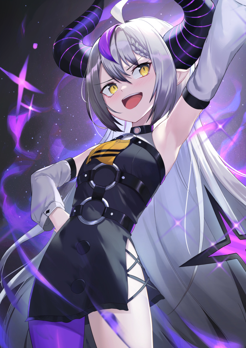 :d armpits bare_shoulders black_dress braid breasts commentary demon_horns detached_sleeves dress female grey_hair hair_between_eyes highres hololive horns la+_darknesss la+_darknesss_(1st_costume) long_hair long_sleeves multicolored_hair o-ring pointy_ears puffy_long_sleeves puffy_sleeves purple_hair purple_legwear rui_rubellent sleeveless sleeveless_dress small_breasts smile solo streaked_hair striped_horns teeth upper_teeth_only very_long_hair virtual_youtuber white_sleeves