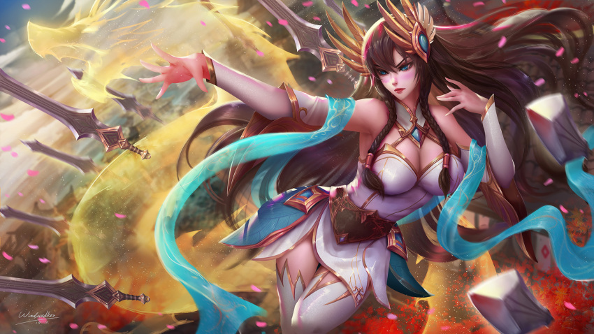 blue_eyes brown_hair irelia kaze_no_gyouja league_of_legends long_hair no_bra signed weapon