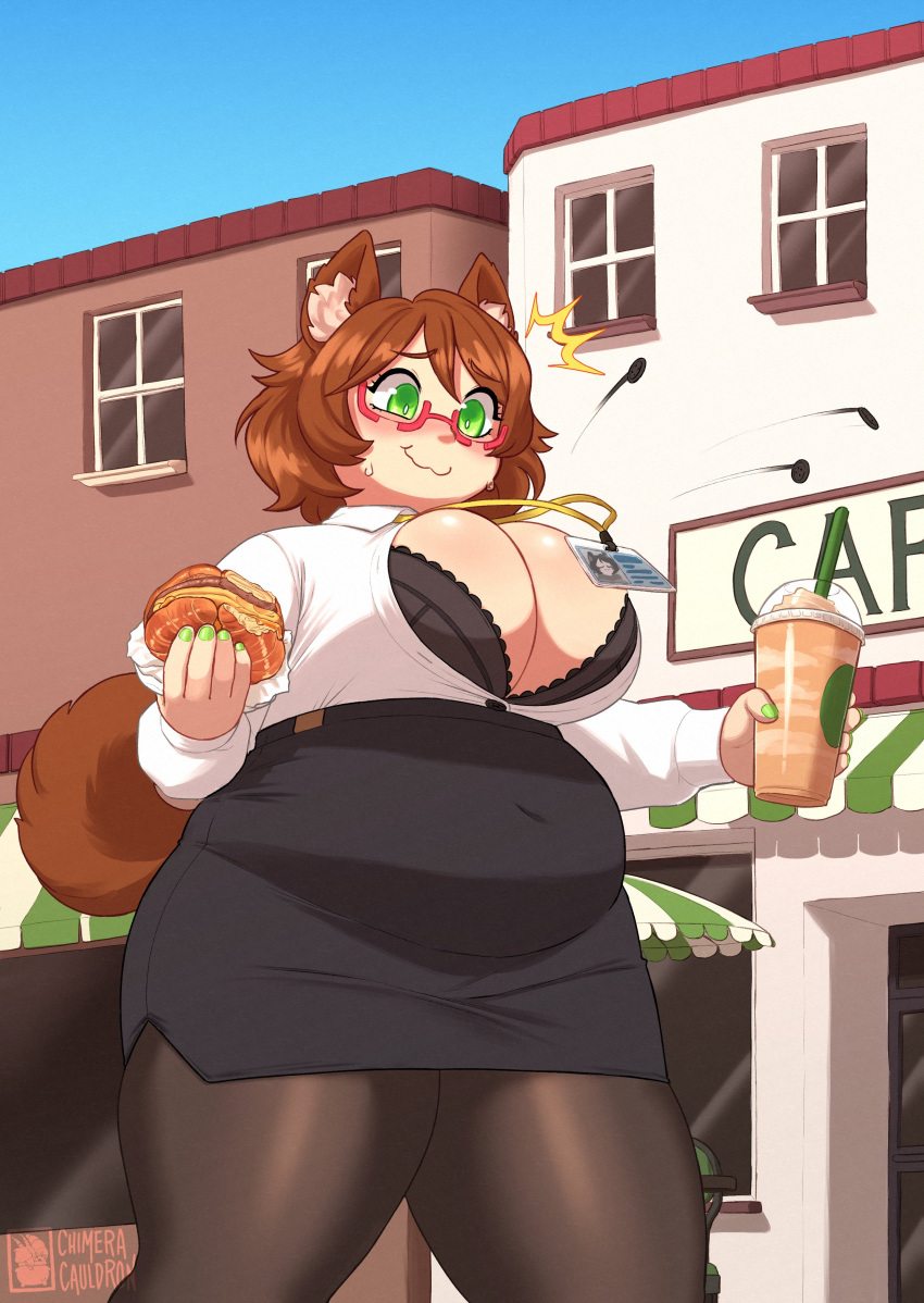 absurdres animal_ear_fluff animal_ears artist_name belly big_belly black_skirt blue_sky breasts brown_hair chimeracauldron cleavage closed_mouth commission covered_navel drink drinking_straw feet_out_of_frame female film_grain food glasses green_eyes green_nails highres holding holding_drink holding_food indie_virtual_youtuber lanyard large_breasts long_sleeves looking_away miniskirt mint_castella outdoors pantyhose pencil_skirt plump popped_button red-framed_eyewear semi-rimless_eyewear side_slit skirt sky solo sweat tail thick_thighs thighs umbrella virtual_youtuber window wing_collar