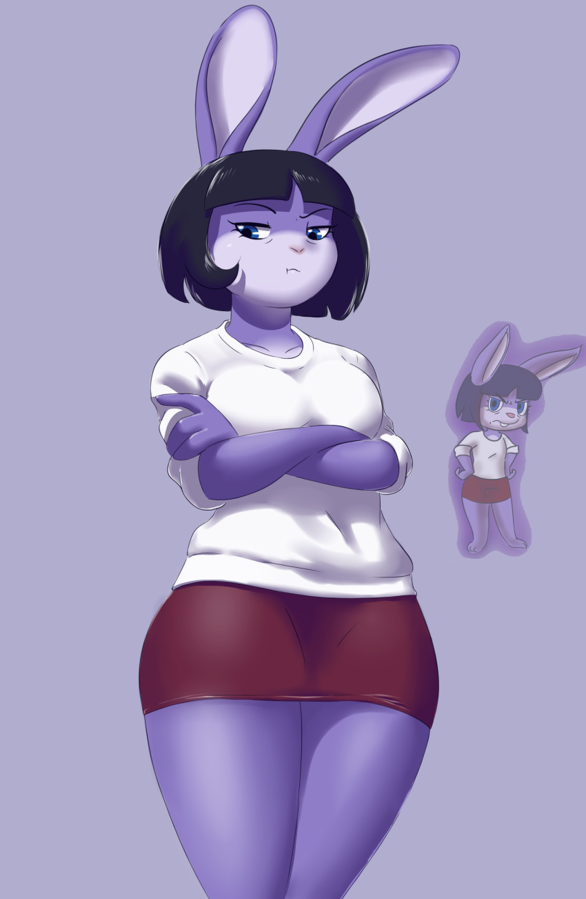 2021 anthro art_improvement black_hair bob_cut bottomwear breasts clothing crossed_arms female front_view frown fur grey_body grey_fur grey_inner_ear hair half-closed_eyes hands_on_hips hi_res lagomorph legs_together leporid looking_away looking_down mammal marlenne_(mr-shin) medium_breasts mr-shin narrowed_eyes pink_nose pupils purple_body purple_eyes purple_fur rabbit red_bottomwear red_clothing red_skirt shirt short_hair skirt solo standing thick_thighs topwear white_clothing white_shirt white_topwear